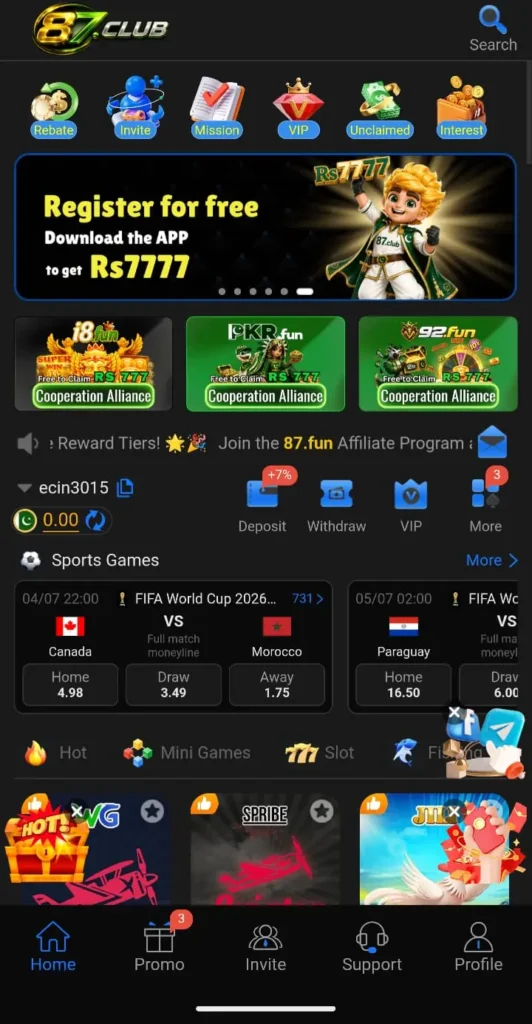 87Club Game home interface webp image